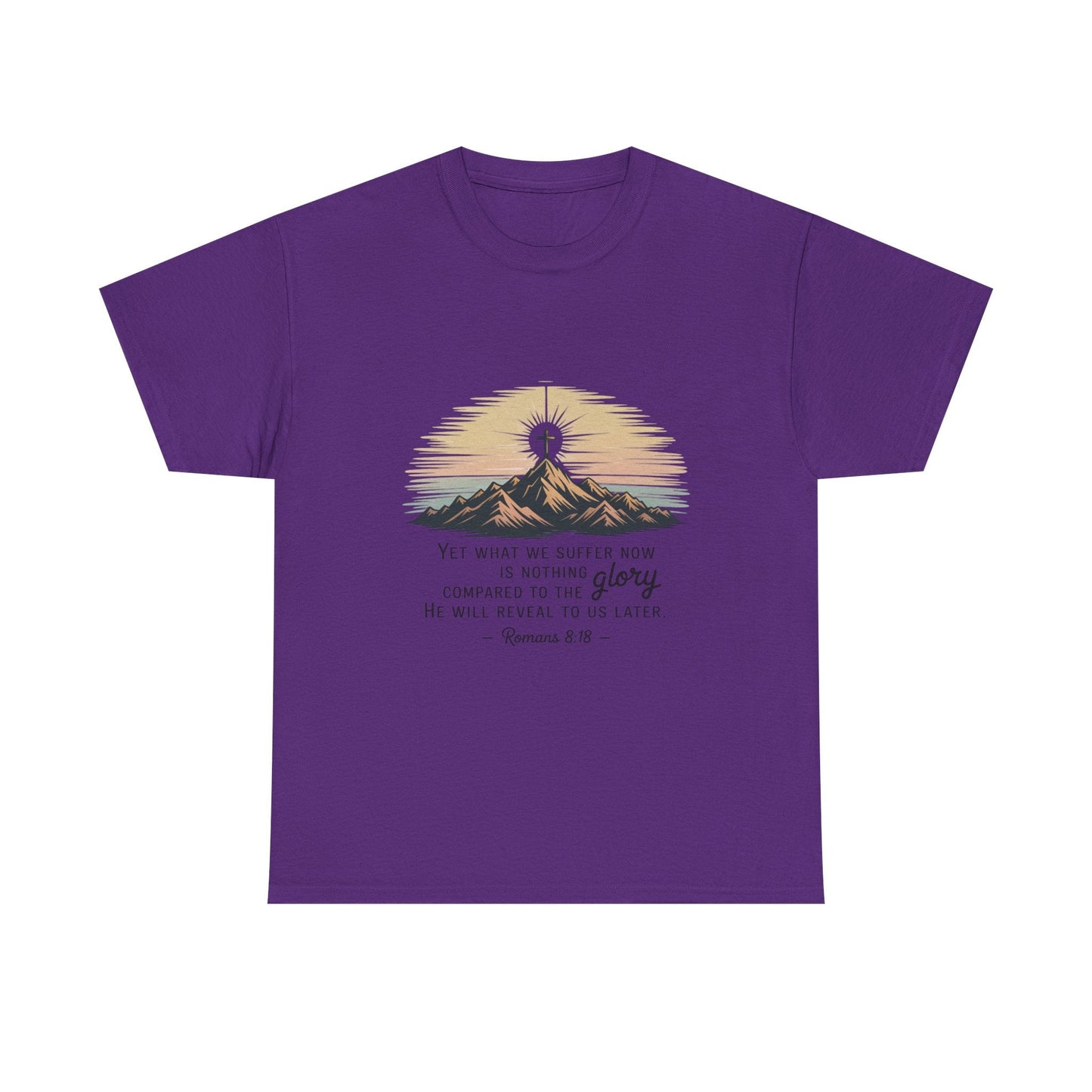 Inspirational Unisex Heavy Cotton Tee with Mountain Design Romans 8:18 - Peak Inspiration