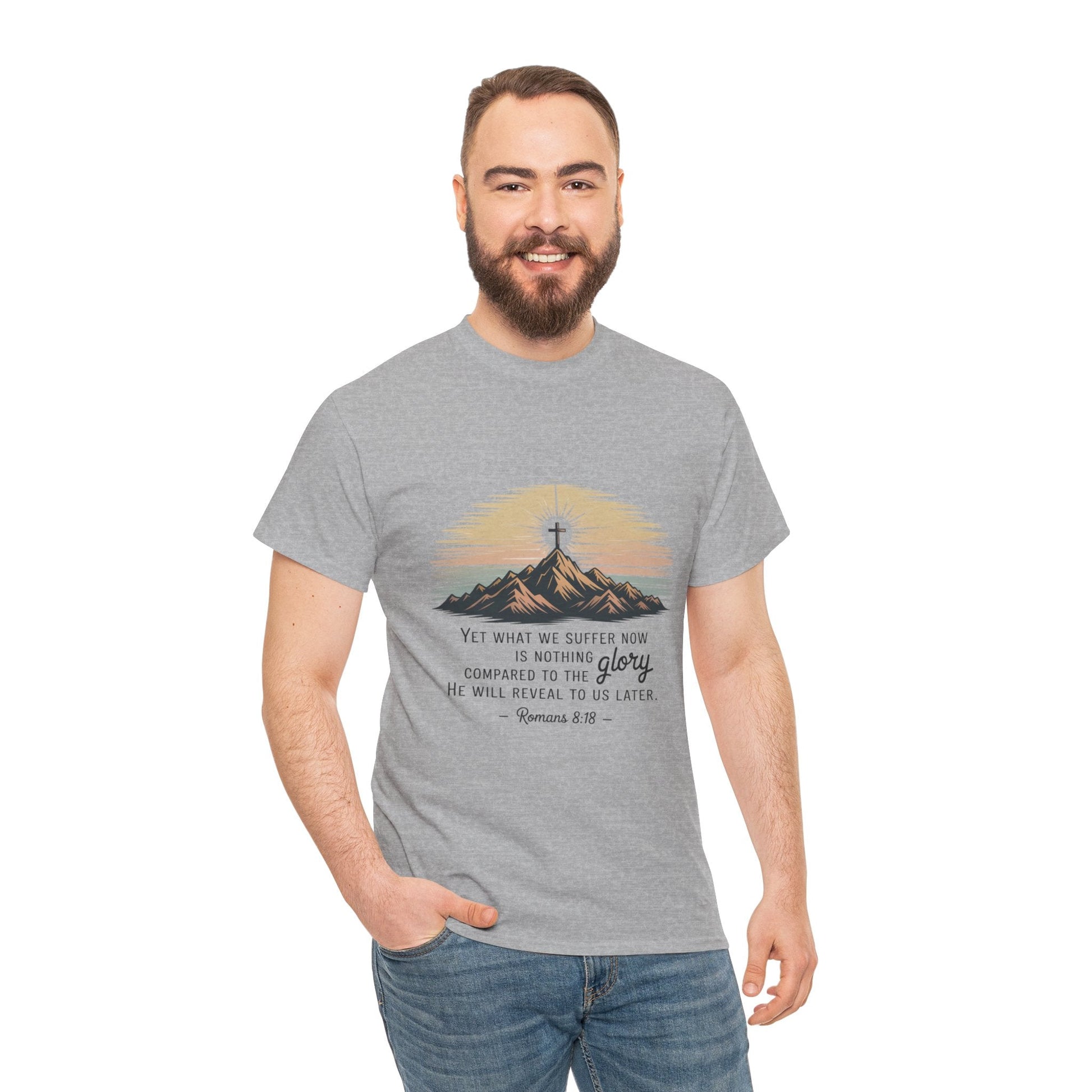 Inspirational Unisex Heavy Cotton Tee with Mountain Design Romans 8:18 - Peak Inspiration