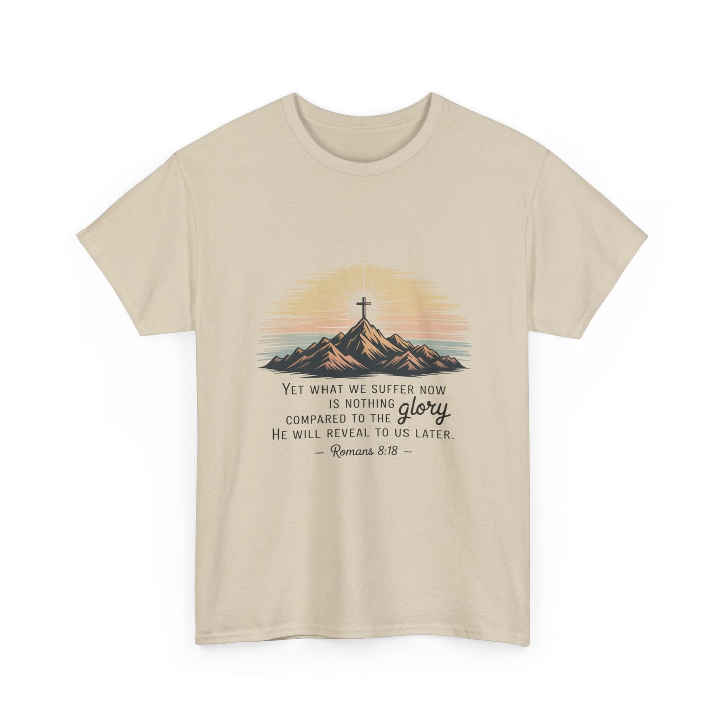 Inspirational Unisex Heavy Cotton Tee with Mountain Design Romans 8:18 - Peak Inspiration