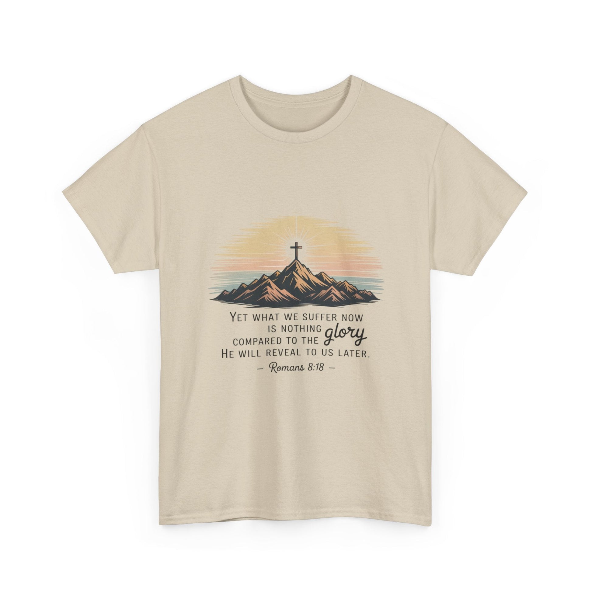 Inspirational Unisex Heavy Cotton Tee with Mountain Design Romans 8:18 - Peak Inspiration