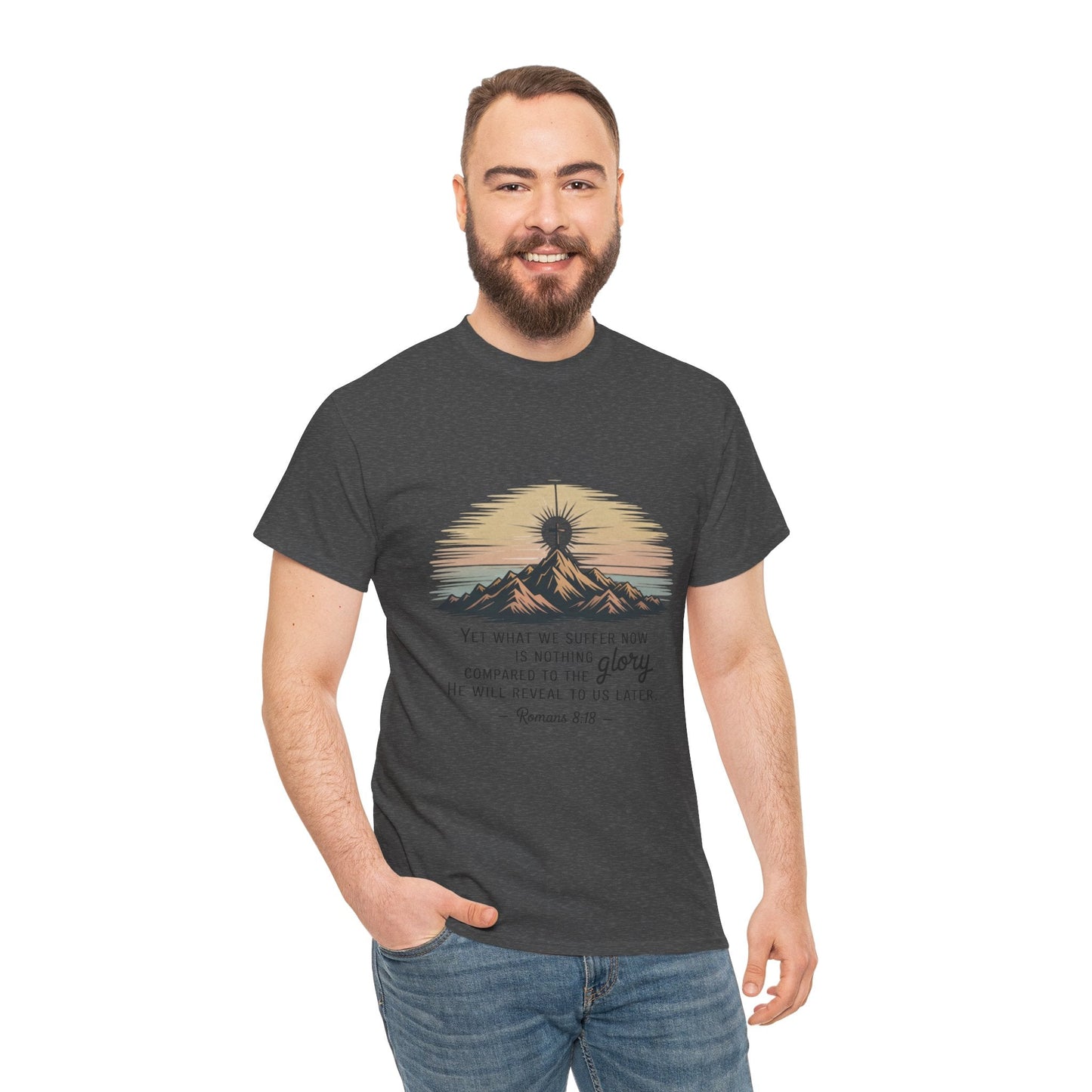 Inspirational Unisex Heavy Cotton Tee with Mountain Design Romans 8:18 - Peak Inspiration