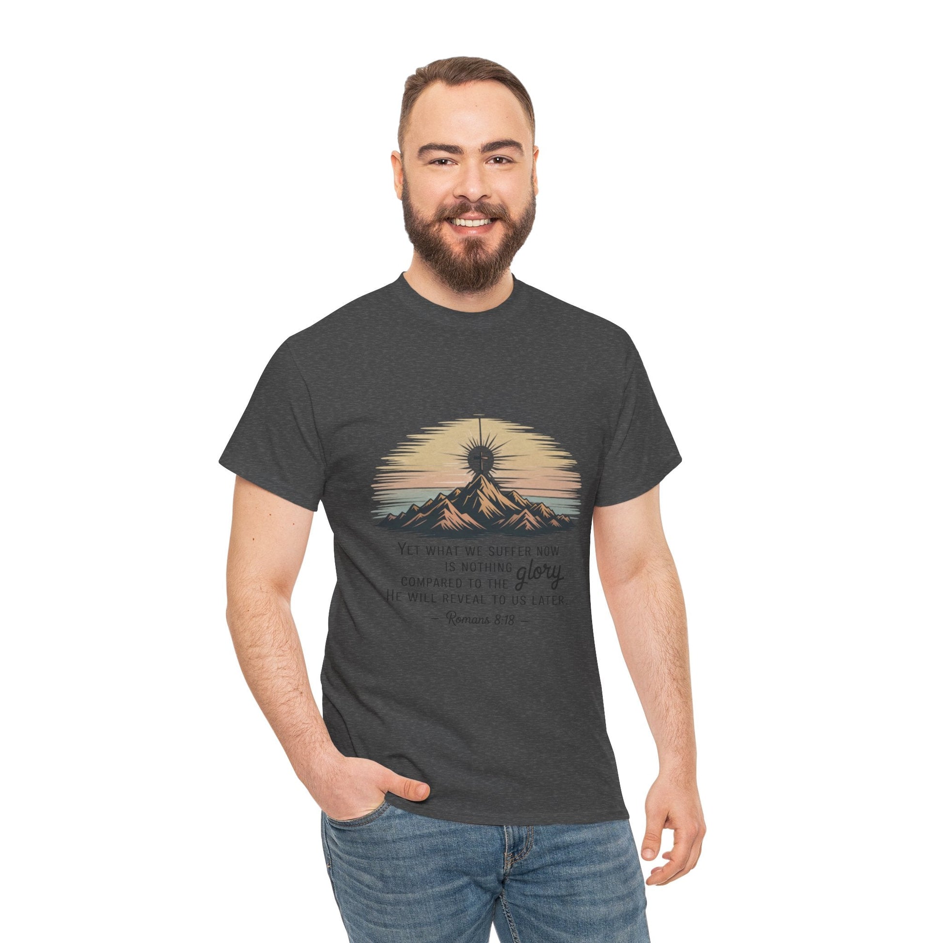 Inspirational Unisex Heavy Cotton Tee with Mountain Design Romans 8:18 - Peak Inspiration