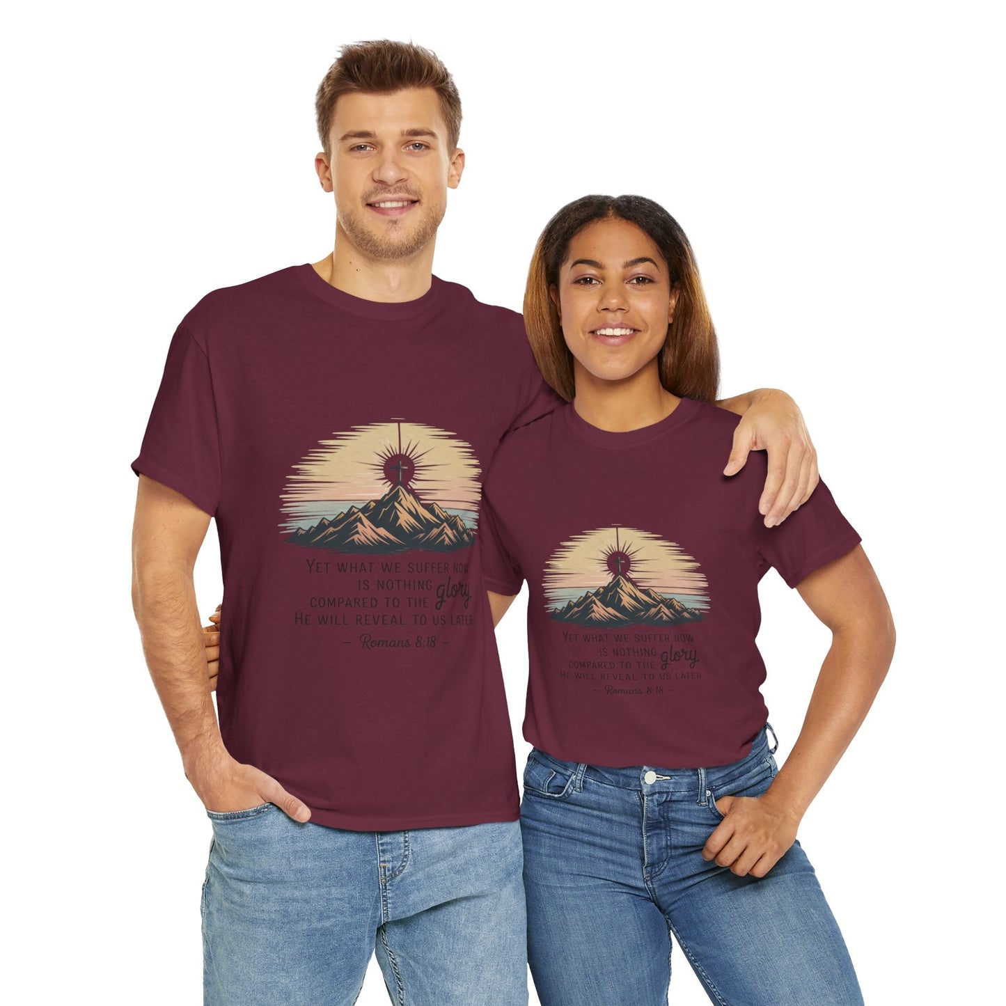 Inspirational Unisex Heavy Cotton Tee with Mountain Design Romans 8:18 - Peak Inspiration