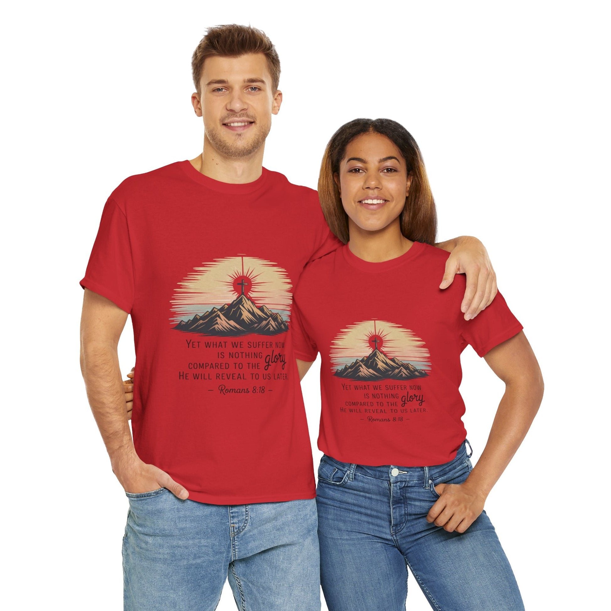 Inspirational Unisex Heavy Cotton Tee with Mountain Design Romans 8:18 - Peak Inspiration