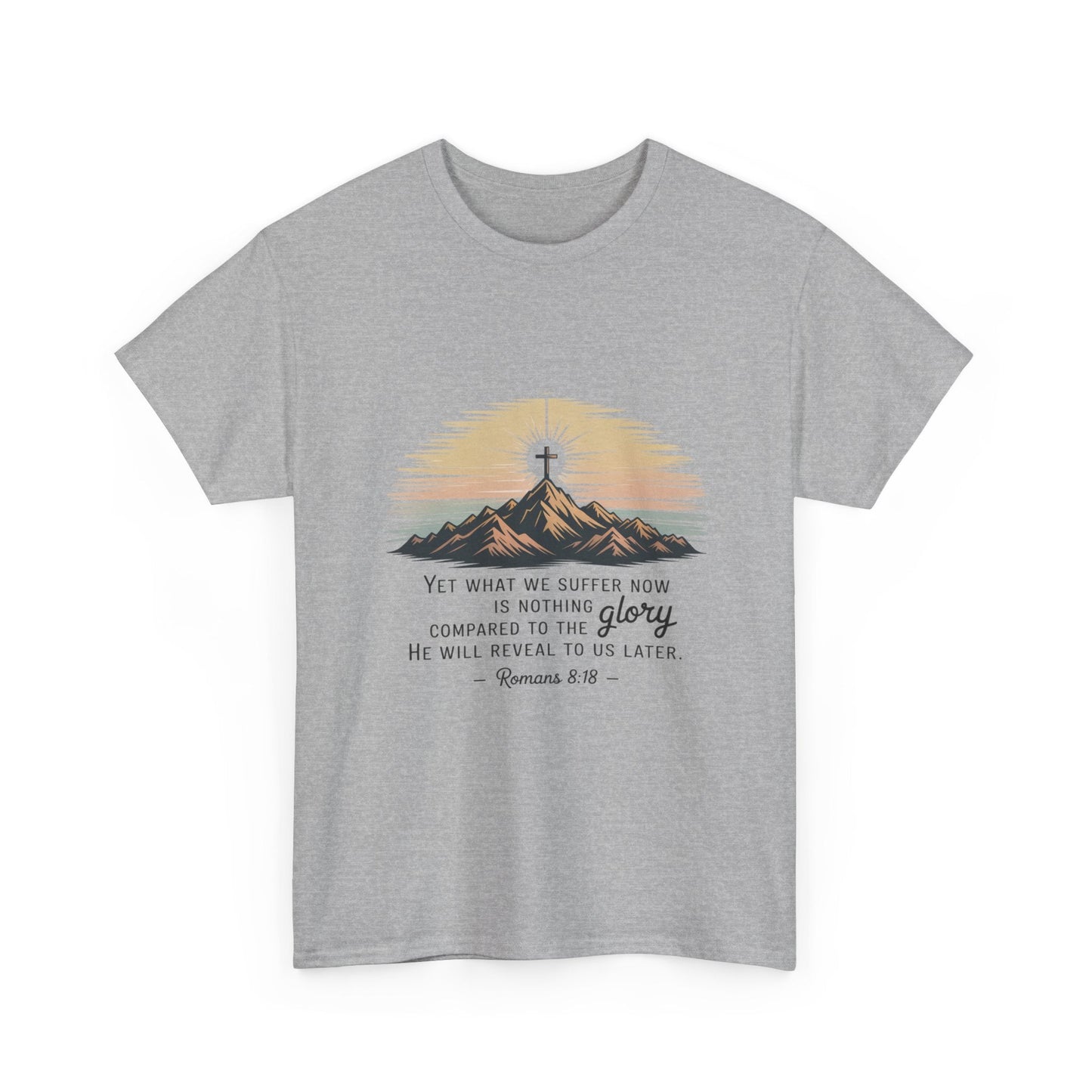 Inspirational Unisex Heavy Cotton Tee with Mountain Design Romans 8:18 - Peak Inspiration