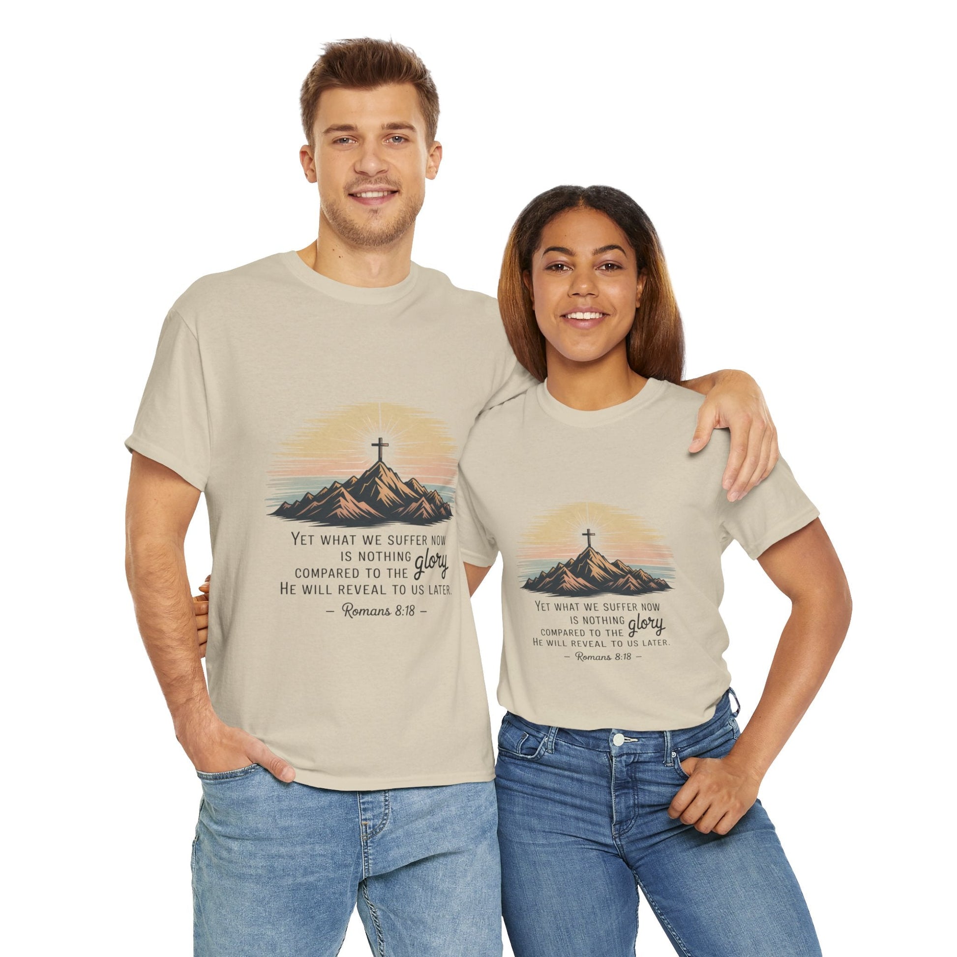 Inspirational Unisex Heavy Cotton Tee with Mountain Design Romans 8:18 - Peak Inspiration