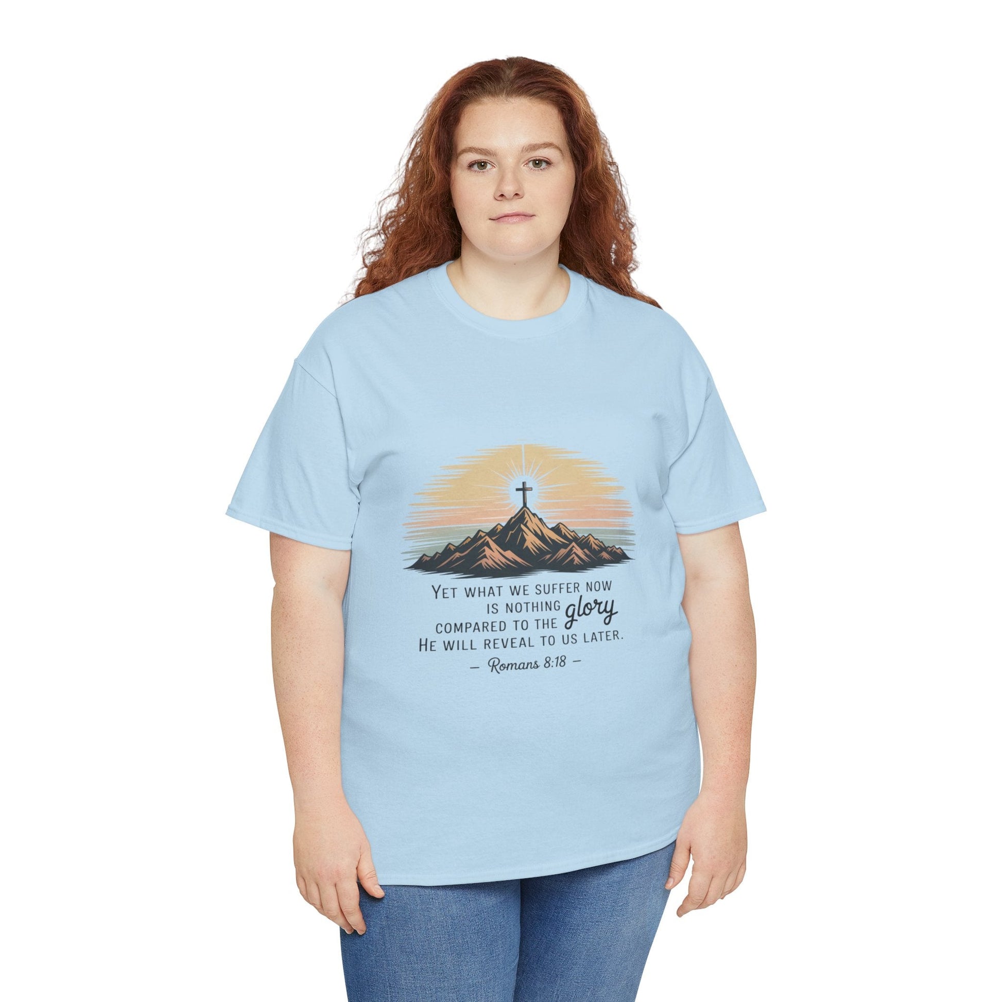 Inspirational Unisex Heavy Cotton Tee with Mountain Design Romans 8:18 - Peak Inspiration