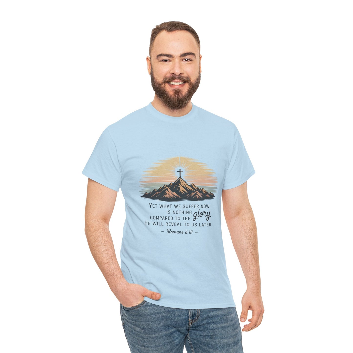 Inspirational Unisex Heavy Cotton Tee with Mountain Design Romans 8:18 - Peak Inspiration
