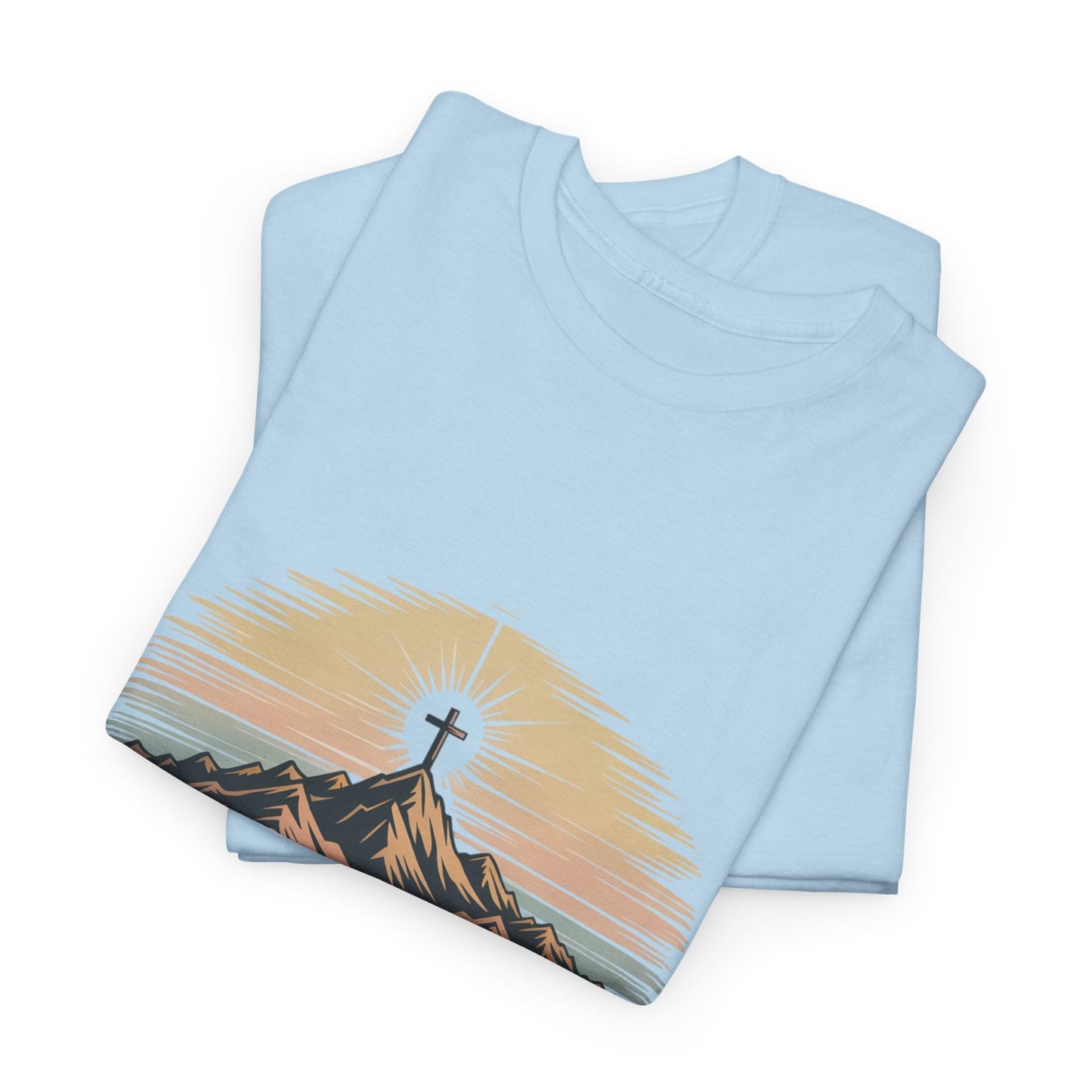Inspirational Unisex Heavy Cotton Tee with Mountain Design Romans 8:18 - Peak Inspiration