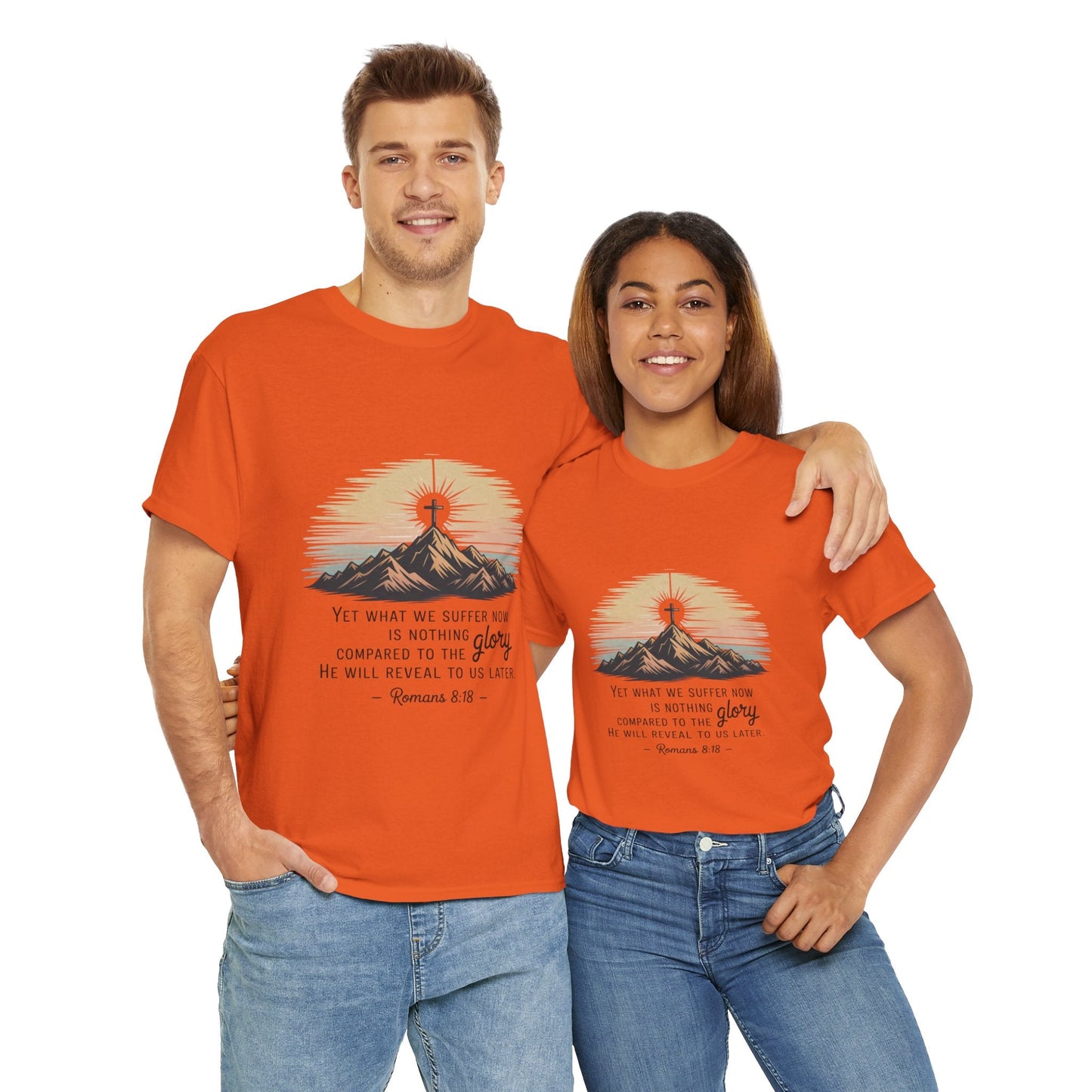 Inspirational Unisex Heavy Cotton Tee with Mountain Design Romans 8:18 - Peak Inspiration