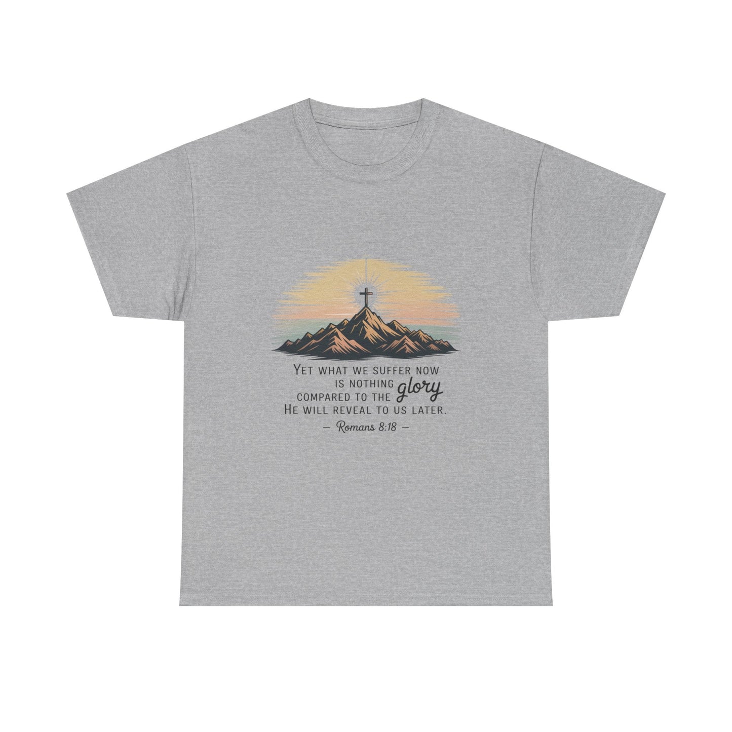 Inspirational Unisex Heavy Cotton Tee with Mountain Design Romans 8:18 - Peak Inspiration
