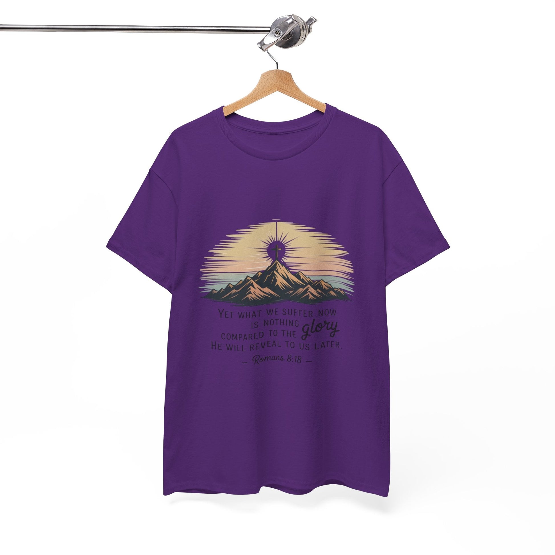 Inspirational Unisex Heavy Cotton Tee with Mountain Design Romans 8:18 - Peak Inspiration