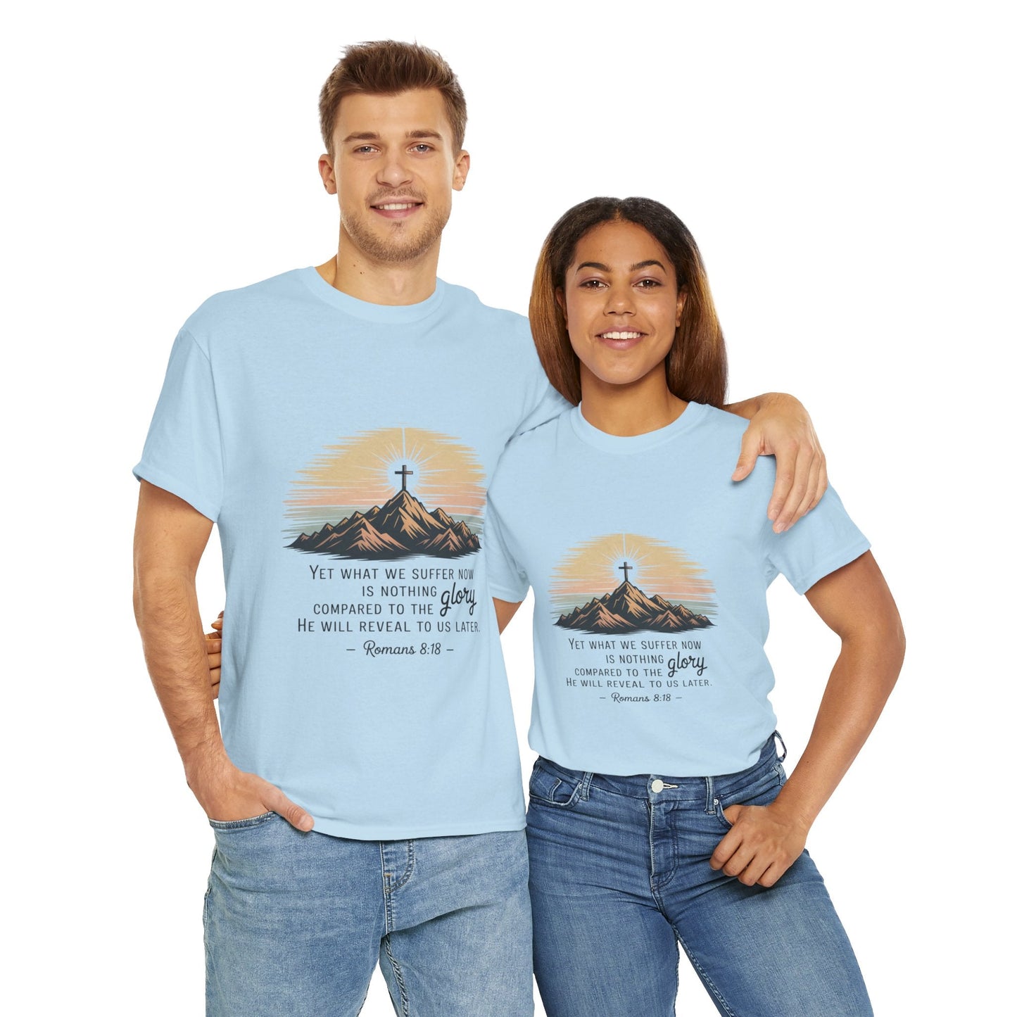 Inspirational Unisex Heavy Cotton Tee with Mountain Design Romans 8:18 - Peak Inspiration