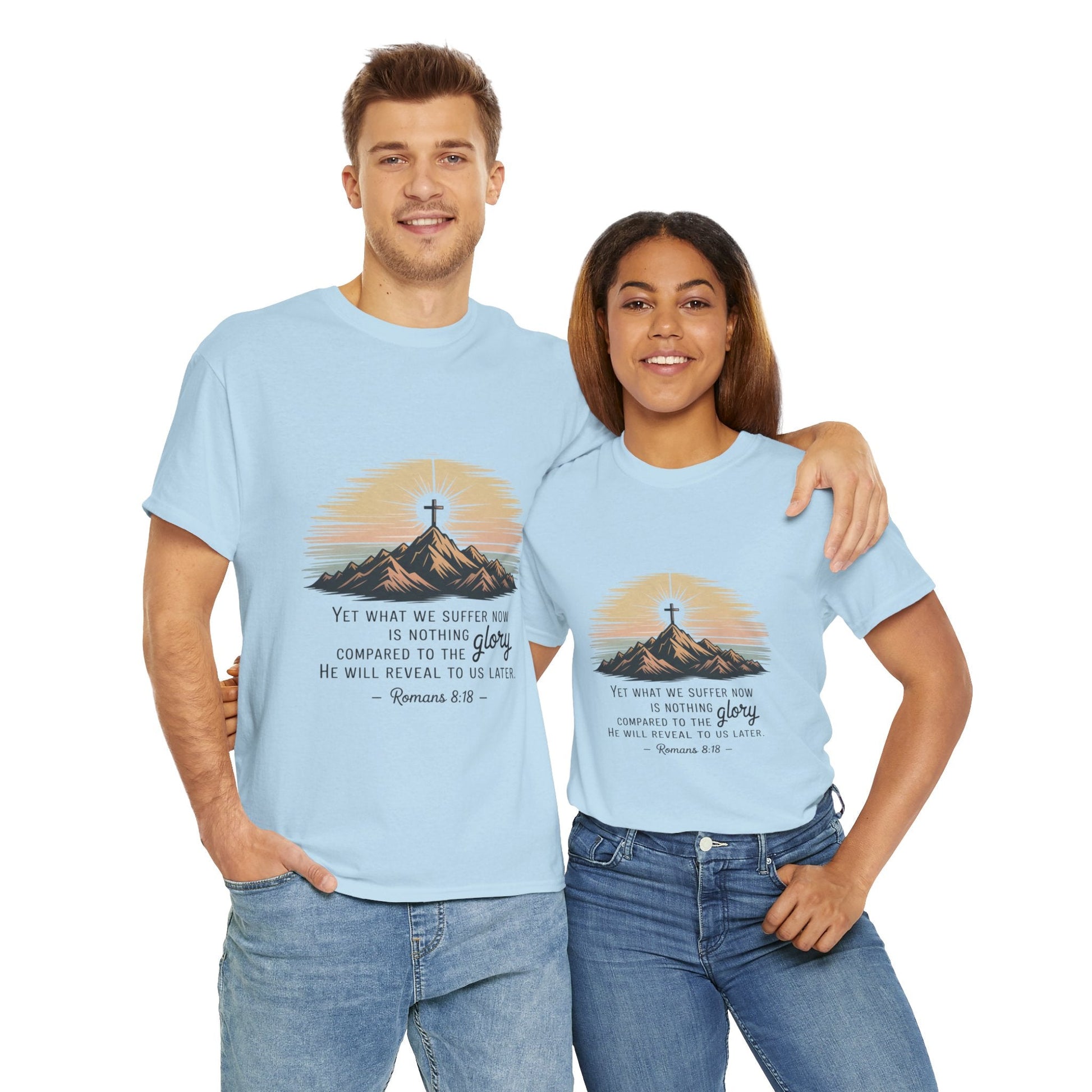 Inspirational Unisex Heavy Cotton Tee with Mountain Design Romans 8:18 - Peak Inspiration